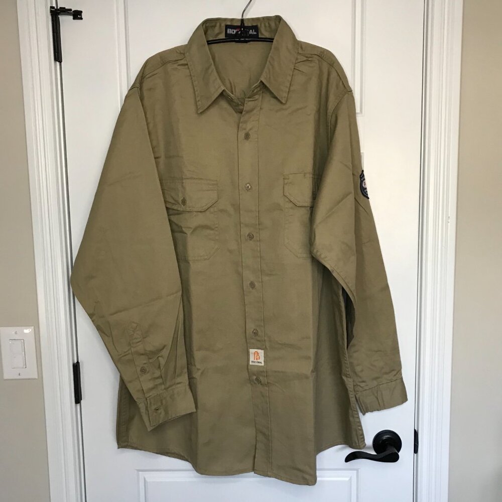 BOCOMAL‎ 7.5oz FR Flame Resistant Shirt Men's Sz 2XL Khaki 100% Cotton NFPA2112 - Picture 2 of 16
